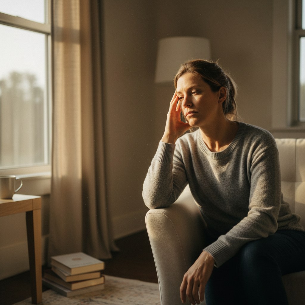 Adult experiencing post-viral fatigue at home before starting HBOT therapy